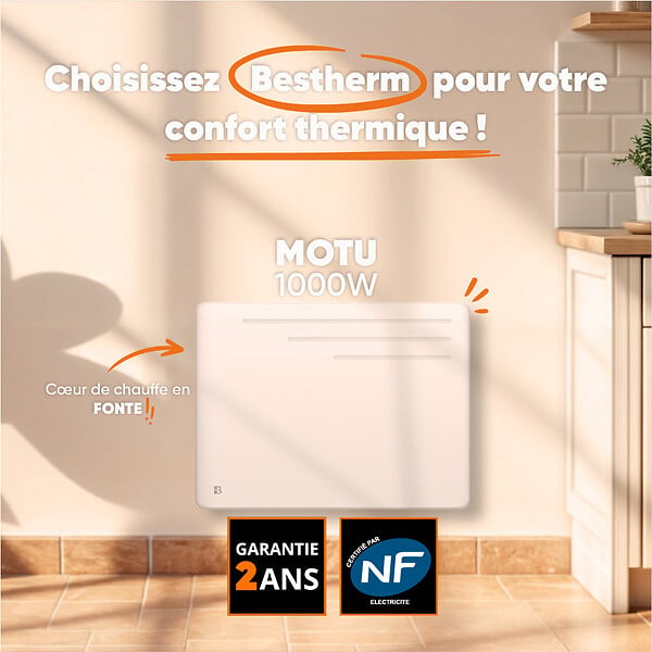 BESTHERM - Radiateur électrique fixe à inertie sèche fonte - BESTHERM - MOTU 1000W - horizontal blanc - NF - large