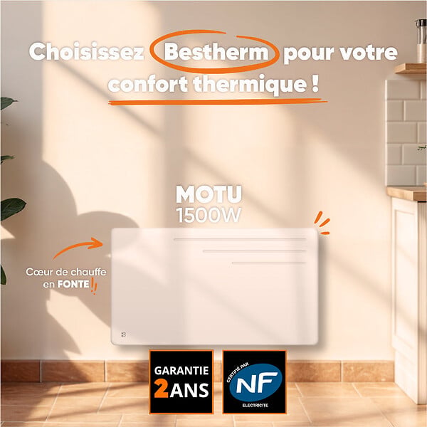 BESTHERM - Radiateur électrique fixe à inertie sèche fonte - BESTHERM - MOTU 1500W - horizontal blanc - NF - large