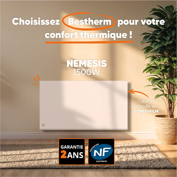 BESTHERM - Radiateur électrique fixe à inertie sèche - Double cœur de chauffe - BESTHERM - NEMESIS 1500W - horizontal blanc - NF - large