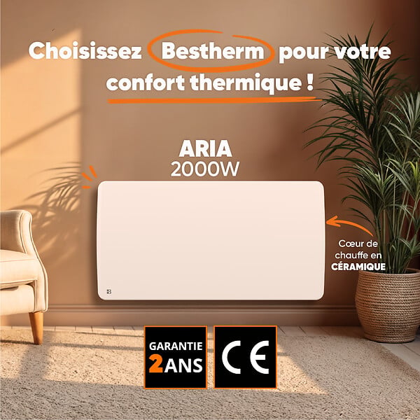 BESTHERM - Radiateur électrique fixe à inertie sèche céramique 2000W ARIA horizontal blanc - large