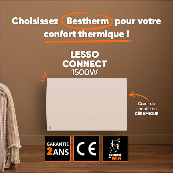 BESTHERM - Radiateur électrique fixe connecté WiFi à inertie sèche céramique - BESTHERM - LESSO CONNECT 1500W - horizontal blanc - large