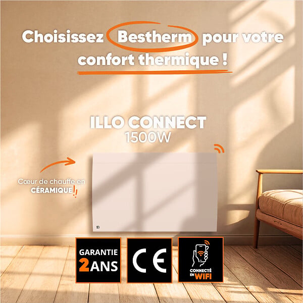 BESTHERM - Radiateur électrique fixe connecté WiFi à inertie sèche céramique - BESTHERM - ILLO CONNECT 1500W - horizontal blanc - large
