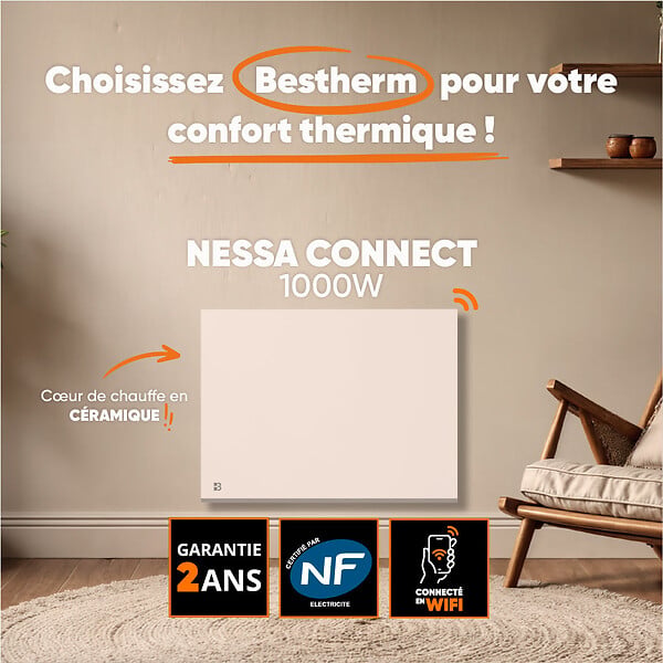 BESTHERM - Radiateur électrique fixe connecté WIFI à inertie sèche céramique 1000W NESSA CONNECT horizontal blanc - large