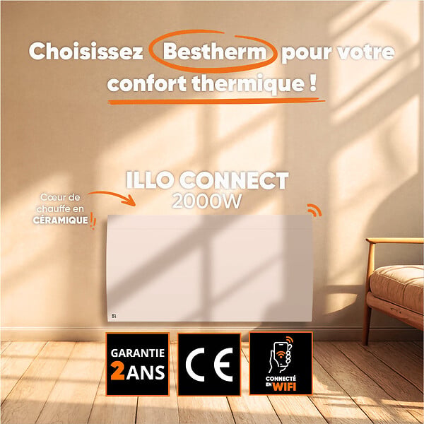 BESTHERM - Radiateur électrique fixe connecté WiFi à inertie sèche céramique - BESTHERM - ILLO CONNECT 2000W - horizontal blanc - large