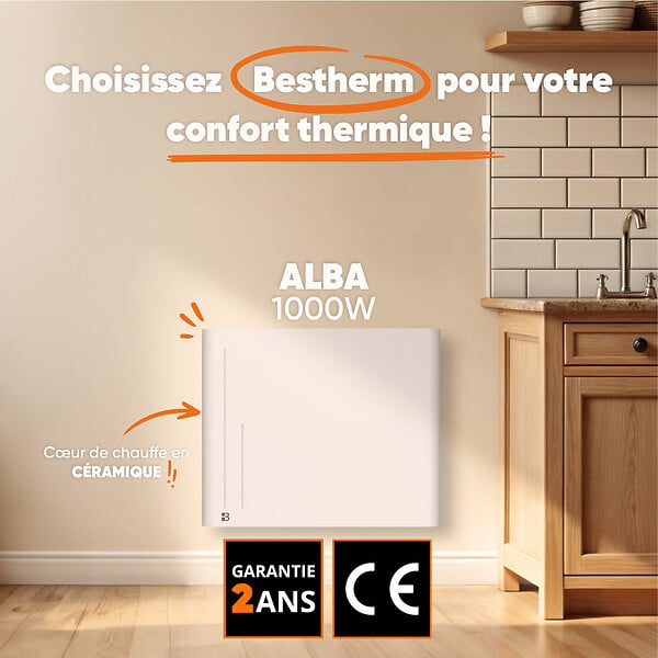 BESTHERM - Radiateur électrique fixe à inertie sèche céramique - BESTHERM - ALBA 1000W - horizontal blanc - large