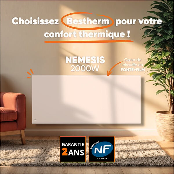 BESTHERM - Radiateur électrique fixe à inertie sèche - Double cœur de chauffe - BESTHERM - NEMESIS 2000W - horizontal blanc - NF - large