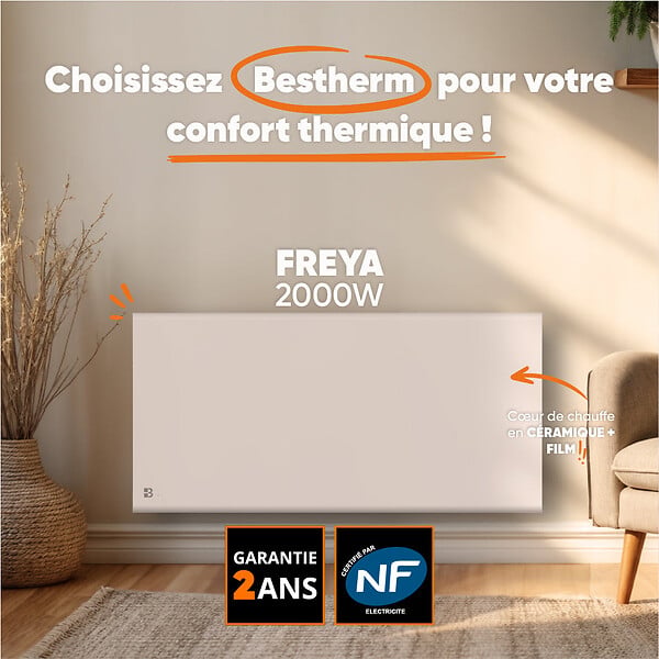 BESTHERM - Radiateur électrique fixe à inertie sèche - Double cœur de chauffe - BESTHERM - FREYA 2000W - horizontal blanc - NF - large