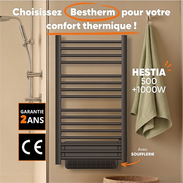 BESTHERM - Sèche-serviette électrique sans fluide avec soufflerie - BESTHERM - HESTIA 500 + 1000W - noir - large