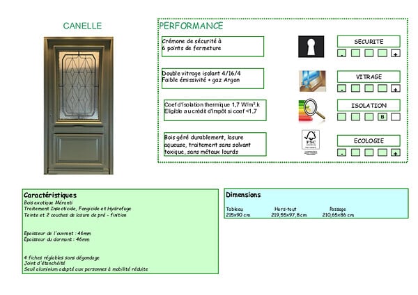 GD MENUISERIES - Porte d'entrée Bois Vitrée Canelle Vert Gris Olive, H215 x L90 cm Côte Tableau, p,Droit - large