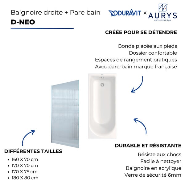 DURAVIT - Baignoire droite D-Neo 170 x75 cm + Pare bain gauche AURYS Raywall chromé - large