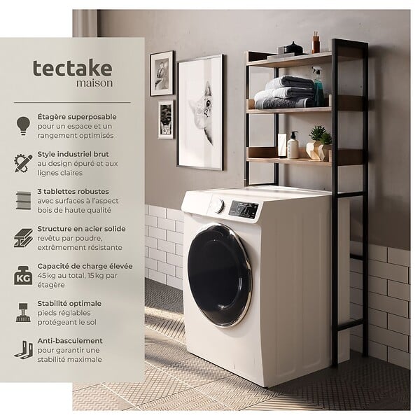 TECTAKE - Étagère de salle de bain Seattle Bois foncé industriel, rustique - large