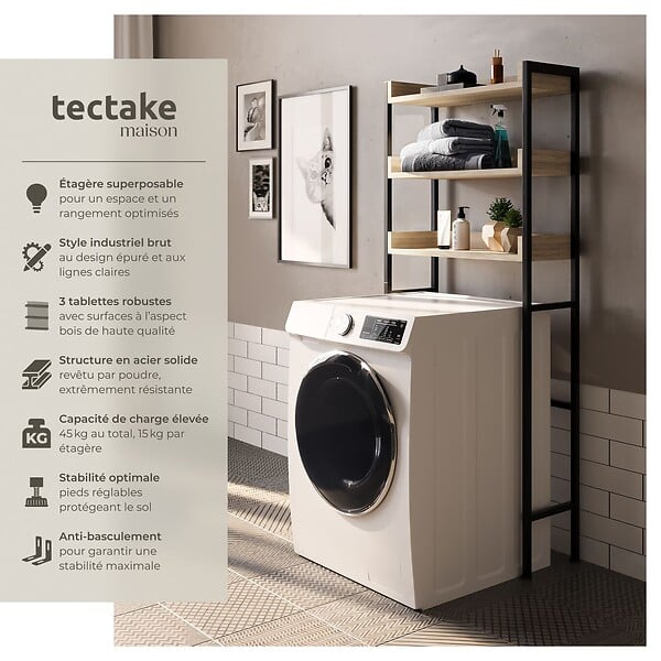 TECTAKE - Étagère de salle de bain Seattle Bois clair industriel, Chêne Sonoma - large