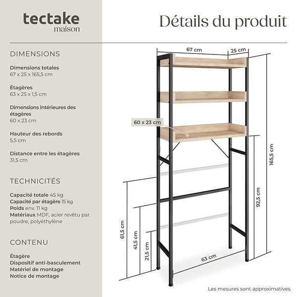 TECTAKE - Étagère de salle de bain Seattle Bois clair industriel, Chêne Sonoma - large