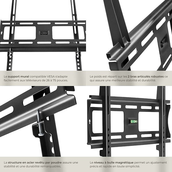 TECTAKE - Support mural TV 26"- 75" fixe noir - large