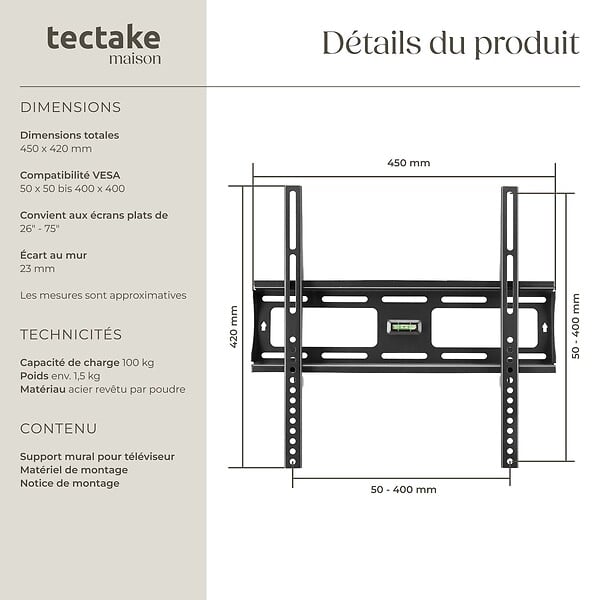 TECTAKE - Support mural TV 26"- 75" fixe noir - large