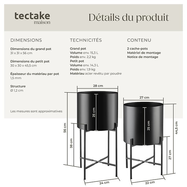 TECTAKE - Support de plantes MINE en acier revêtu par poudre noir - large