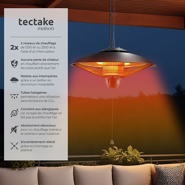 TECTAKE - Radiateur infrarouge Solaris Orbit 2500 W, boîtier en aluminium noir - large