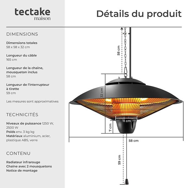 TECTAKE - Radiateur infrarouge Solaris Orbit 2500 W, boîtier en aluminium noir - large