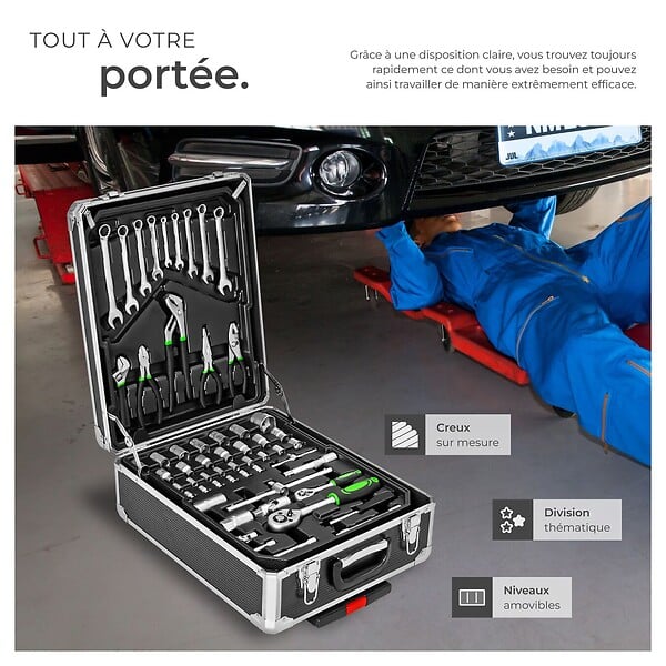 TECTAKE - 1200 Pièces coffre à outils en aluminium noir valise roulettes 4 niveaux fermetures à pression serrures - large