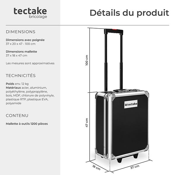 TECTAKE - 1200 Pièces coffre à outils en aluminium noir valise roulettes 4 niveaux fermetures à pression serrures - large