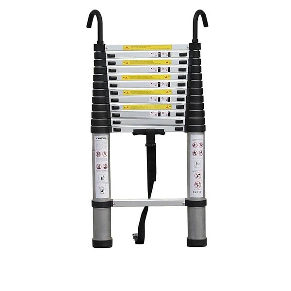 SECURY-T - Echelle télescopique aluminium 13 marches H 3,8M avec crochets démontables et barre stabilisatrice - large