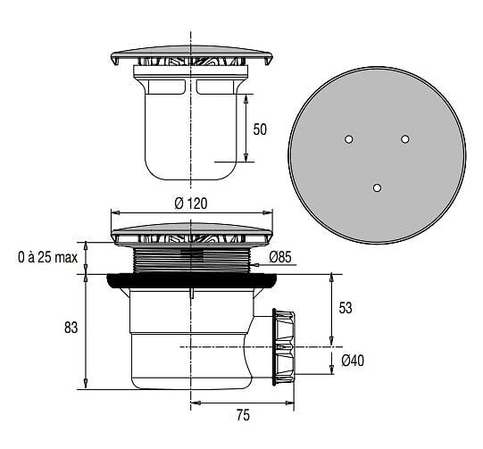 VALENTIN - Bonde de receveur à  capot métal rond 117mm pour douche D90 sortie horizontale  - VALENTIN - 00 571500 000 00 - large