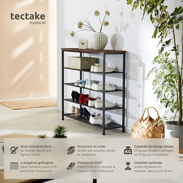 TECTAKE - Étagère à chaussures SHEFFIELD 100x30,5x93cm Bois foncé industriel, rustique - large