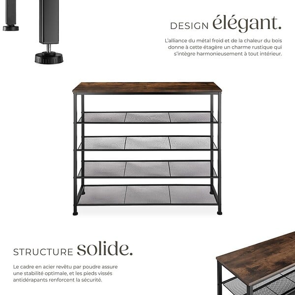 TECTAKE - Étagère à chaussures SHEFFIELD 100x30,5x93cm Bois foncé industriel, rustique - large