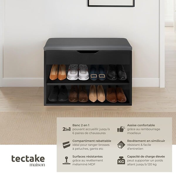 TECTAKE - Banc à chaussures JASMINA avec coussin d'assise 60x30x43,5cm noir - large
