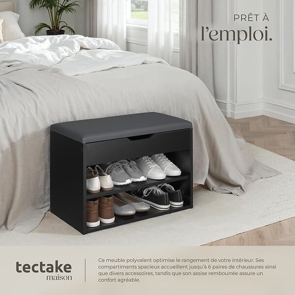TECTAKE - Banc à chaussures JASMINA avec coussin d'assise 60x30x43,5cm noir - large