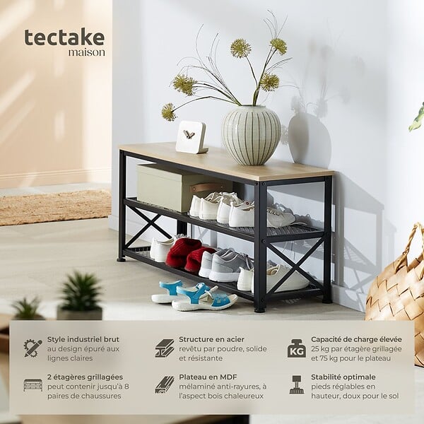 TECTAKE - Étagère à chaussures BLACKPOOL  101x30,5x45,5cm Bois clair industriel, Chêne Sonoma - large