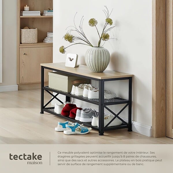 TECTAKE - Étagère à chaussures BLACKPOOL  101x30,5x45,5cm Bois clair industriel, Chêne Sonoma - large