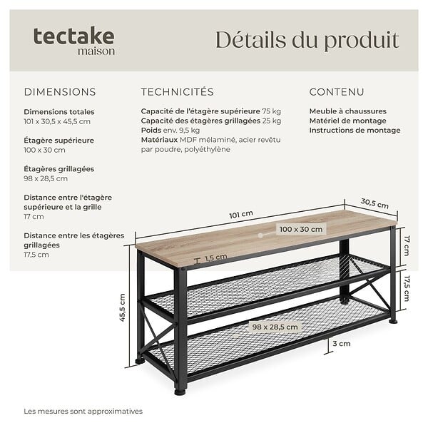 TECTAKE - Étagère à chaussures BLACKPOOL  101x30,5x45,5cm Bois clair industriel, Chêne Sonoma - large