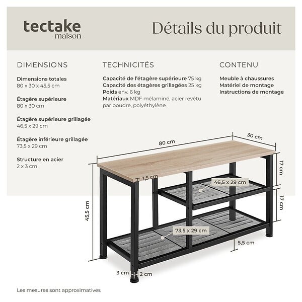 TECTAKE - Étagère à chaussures TAUNTON 80x30x45,5cm Bois clair industriel, Chêne Sonoma - large