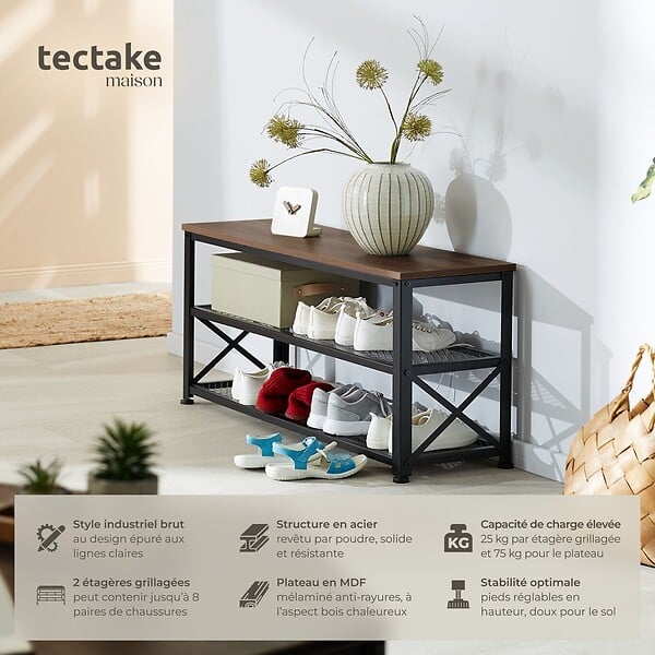 TECTAKE - Étagère à chaussures BLACKPOOL  101x30,5x45,5cm Bois foncé industriel, rustique - large
