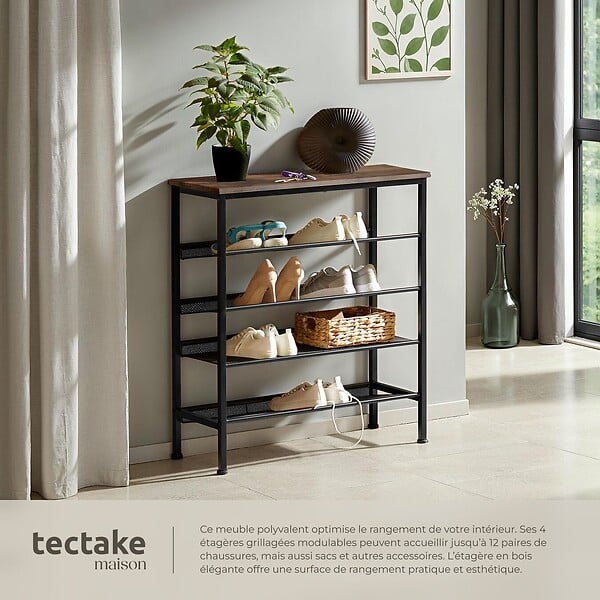 TECTAKE - Étagère à chaussures BOURNEMOUTH 75,5x30,5x85,5cm Bois foncé industriel, rustique - large