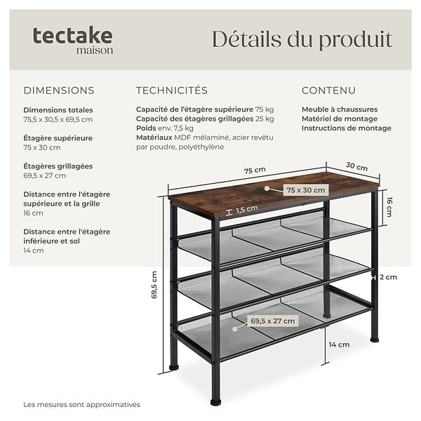 TECTAKE - Étagère à chaussures WOLVERHAMPTON 75,5x30,5x69,5cm Bois foncé industriel, rustique - large