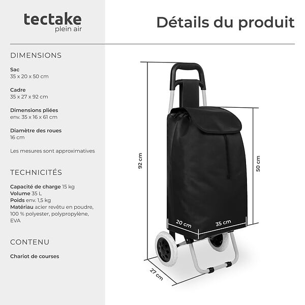 TECTAKE - Chariot de courses, de marché Pliable 2 Roues noir - large