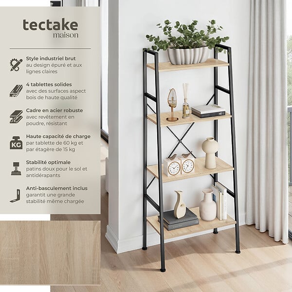 TECTAKE - Etagère échelle LIVERPOOL style industriel 61,5 x 36,5 x 150 cm Bois clair industriel, Chêne Sonoma - large