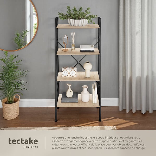 TECTAKE - Etagère échelle LIVERPOOL style industriel 61,5 x 36,5 x 150 cm Bois clair industriel, Chêne Sonoma - large