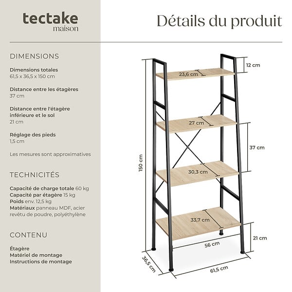 TECTAKE - Etagère échelle LIVERPOOL style industriel 61,5 x 36,5 x 150 cm Bois clair industriel, Chêne Sonoma - large