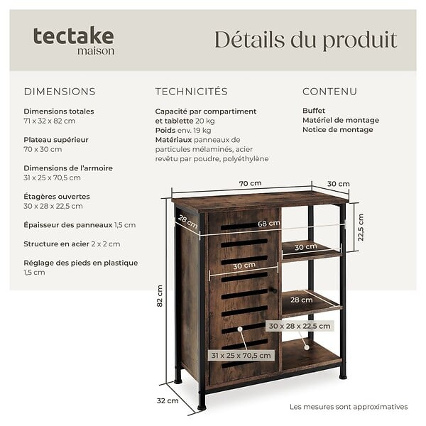 TECTAKE - Buffet 71x32x82cm Bois foncé industriel, rustique - large