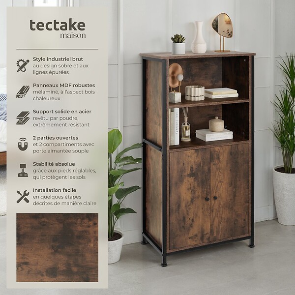 TECTAKE - Buffet Doncaster 60x38x125cm Bois foncé industriel, rustique - large