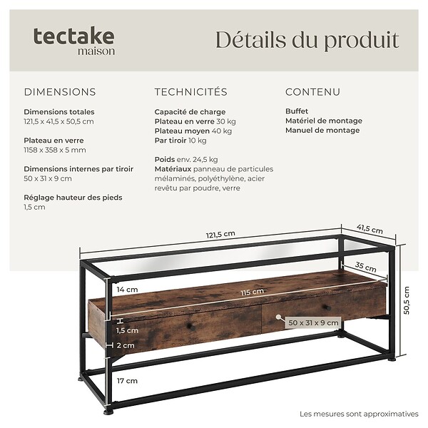 TECTAKE - Buffet bas Maidenhead 121,5x41,5x50,5cm Bois foncé industriel, rustique - large