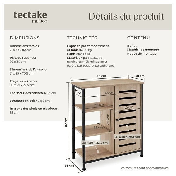TECTAKE - Buffet 71x32x82cm Bois clair industriel, Chêne Sonoma - large