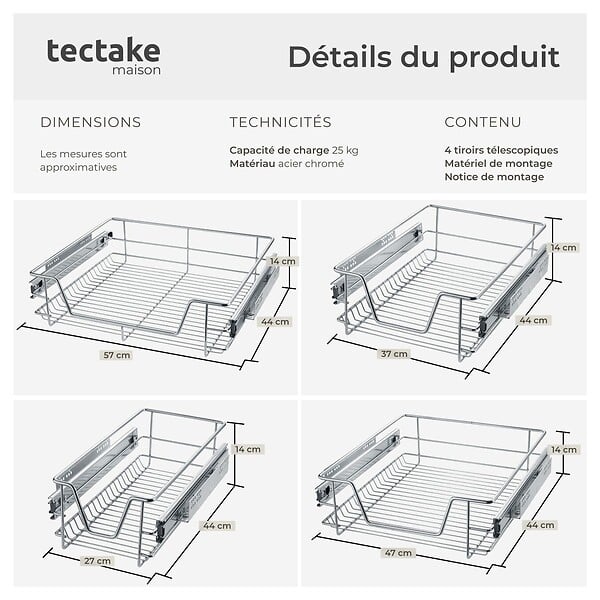 TECTAKE - Tiroir de rangement téléscopique gris - large
