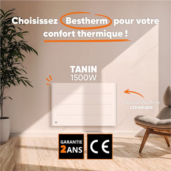 BESTHERM - Radiateur électrique fixe à inertie sèche céramique - BESTHERM - TANIN 1500W - horizontal blanc - large
