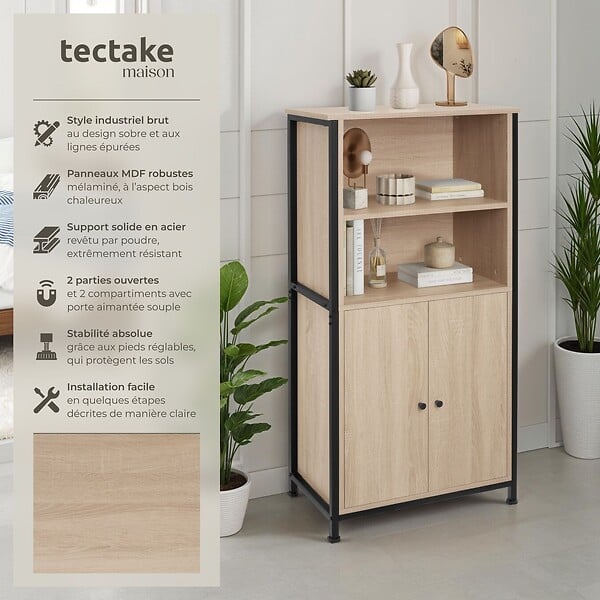 TECTAKE - Buffet Doncaster 60x38x125cm Bois clair industriel, Chêne Sonoma - large