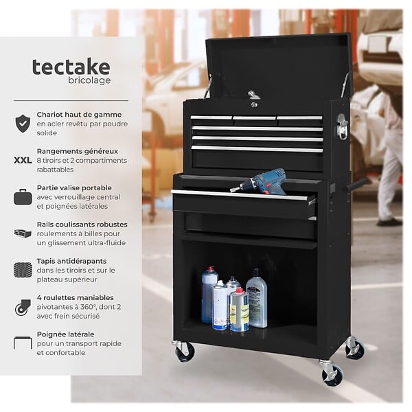 TECTAKE - Servante d'atelier 10 compartiments noir - large