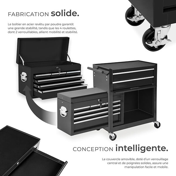 TECTAKE - Servante d'atelier 10 compartiments noir - large